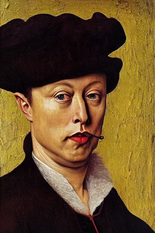 Image similar to renaissance 1 6 0 0 portrait of elon musk, oil painting by jan van eyck, northern renaissance art, oil on canvas, wet - on - wet technique, realistic, expressive emotions, intricate textures, illusionistic detail