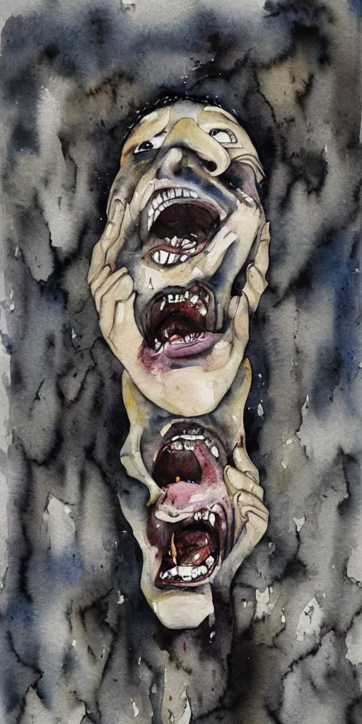 Prompt: a watercolor painting, his endless screaming makes his own mind eat him up, abstract, surrealism, black and white