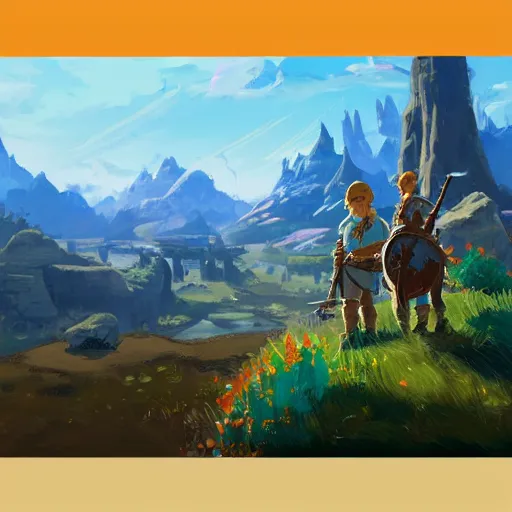 Image similar to oil painting breath of the wild landscape, mountain in the background. beautiful, rpg, dnd, artstation, artgerm, disney, pixar