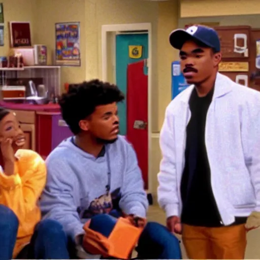 Image similar to a tv still of Chance The Rapper starring as a black college student at Jones College Prep in a 1993 sitcom