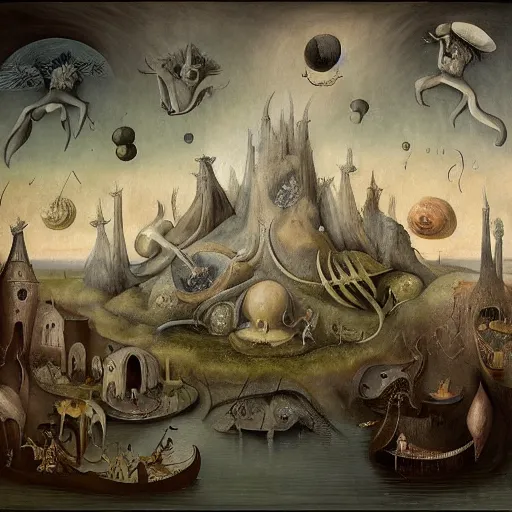 Image similar to oil painting in the style of hieronymus bosch, leonora carrington and joos van craesbeeck : : intricate detailed study of a surreal dreamscape : : ultra - detailed technical precision : : matte painting, high definition 3 d render, unreal engine, hi - res textures