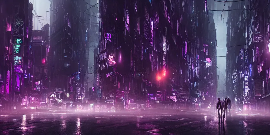 Prompt: uncanny valley, dark grotesque nocturne cyberpunk city, armed and dangerous, night, rain, purple neon lights, black, grey, white, realistic 4 k octane beautifully detailed render, 4 k post - processing, highly detailed, intricate complexity, epic composition, magical atmosphere, cinematic lighting, masterpiece, ultra hd