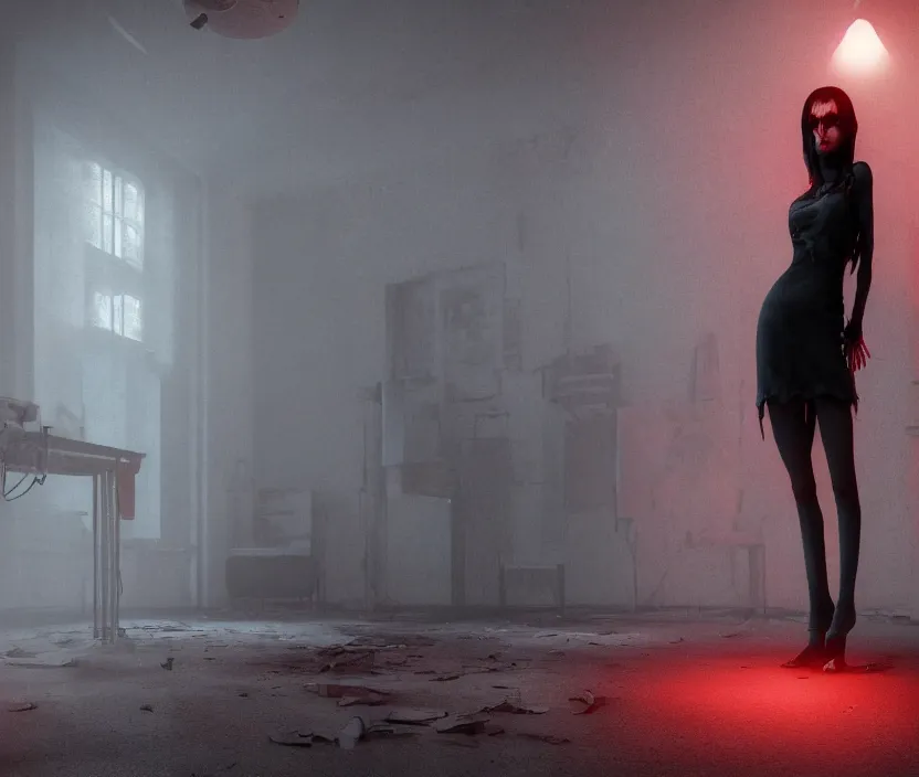 Prompt: Gothic girl standing on an abandoned hospital room with red ceiling lighting and several blue lights on the walls, gloomy and foggy atmosphere, octane render, artstation trending, horror scene, highly detailded