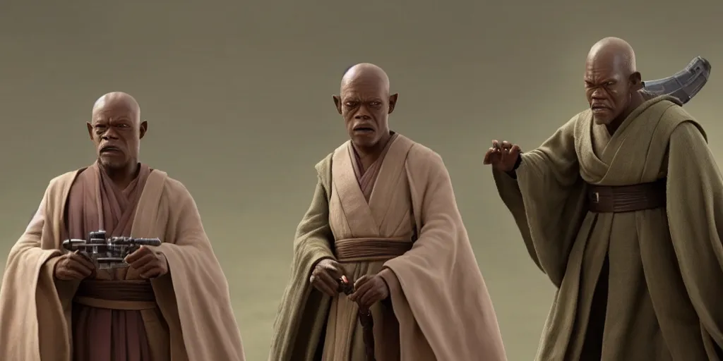 Image similar to obi - wan kenobi disney plus show, old mace windu played by samuel l jackson, standing alone, yoda puppet from 1 9 8 0 cameo, accurate ultra realistic faces, 4 k, movie still, uhd, sharp, detailed, cinematic, render, modern