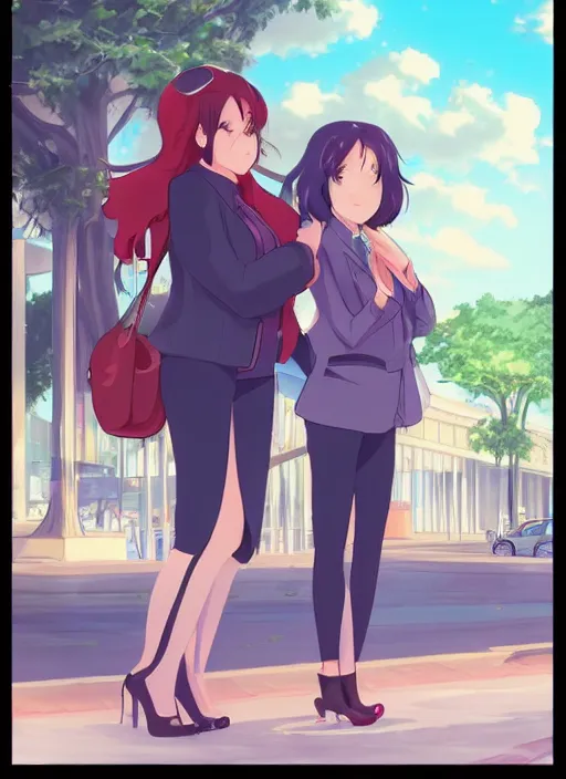 Image similar to two beautiful mothers waiting at a bus stop, gorgeous faces, smooth, thick lines, cinematic lighting, detailed anime art