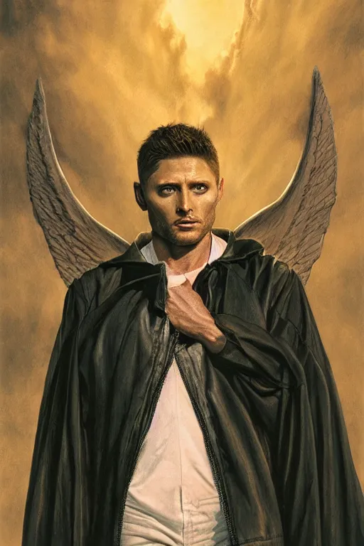 Image similar to a detailed matte portrait of an jensen ackles dressed as the vampire angel from buffy the vampire slayer, masterpiece, 8 k, art by donato giancola and greg rutkowski and wayne barlow and zdzisław beksinski