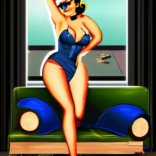 Image similar to a pin up woman playing a videogame, front view, digital art, photoshop, dark lighting, couch, holding a control