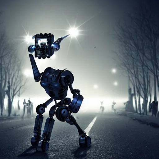 Image similar to a robot carries a wounded human away from an explosion, dramatic lighting