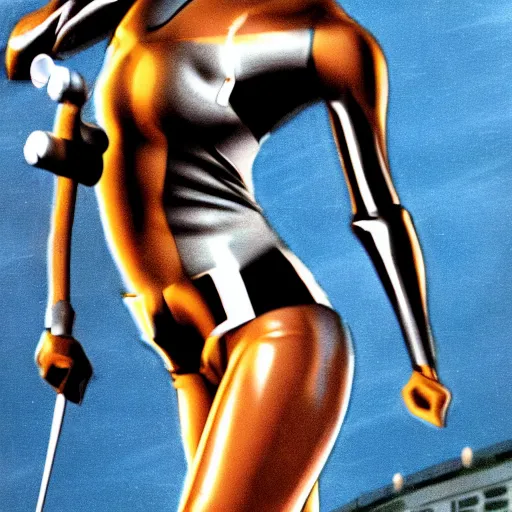 Image similar to Trinity the matrix, Female sprinter in athletic attire with cyborg legs, metal body, diesel punk, athletic footage, 1980's, olympics, cinematic, art deco