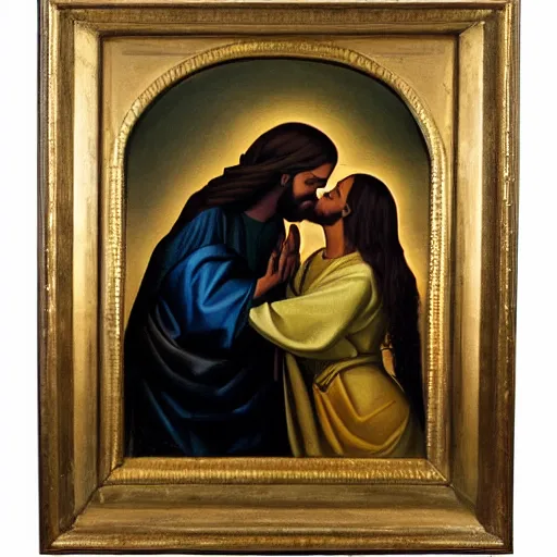 Image similar to 1 8 th oil panting of a jesus kissing a woman