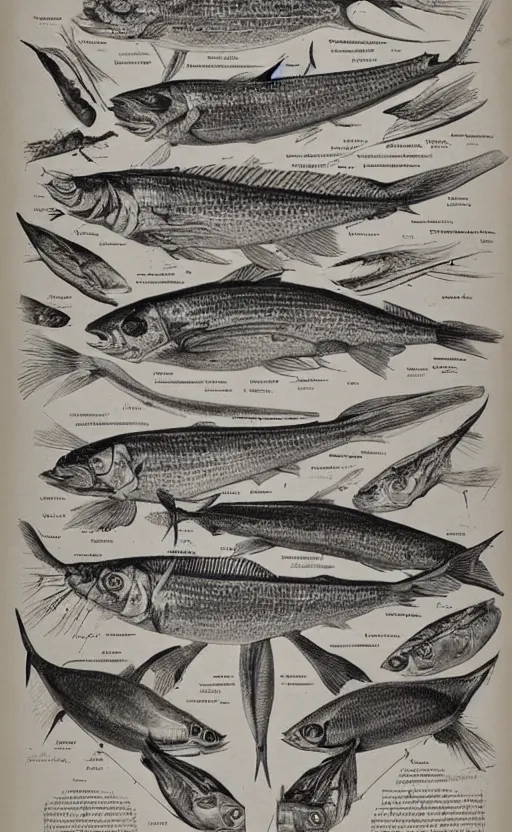 Image similar to a page of fish anatomy atlas, 1 9 0 0 s, highly detailed