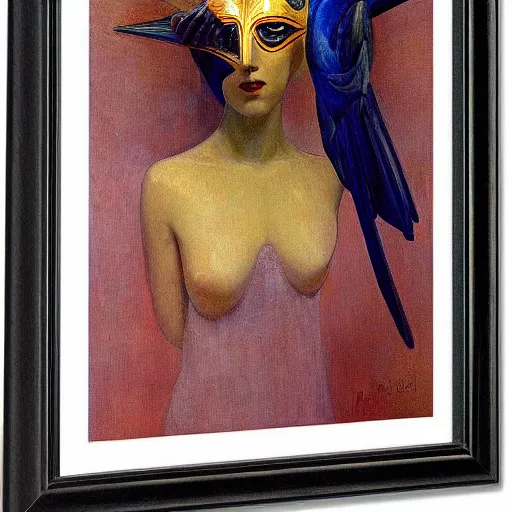 Prompt: the last guest in her Art Deco bird mask, by Annie Swynnerton and Diego Rivera, symbolist, dramatic lighting, elaborate geometric ornament, god rays, soft cool colors,smooth, sharp focus, extremely detailed, Adolf Wölfli