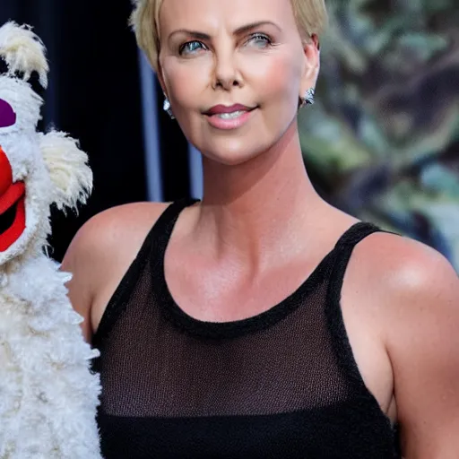 Image similar to charlize theron as a muppet. highly detailed felt. hyper real photo. 4 k