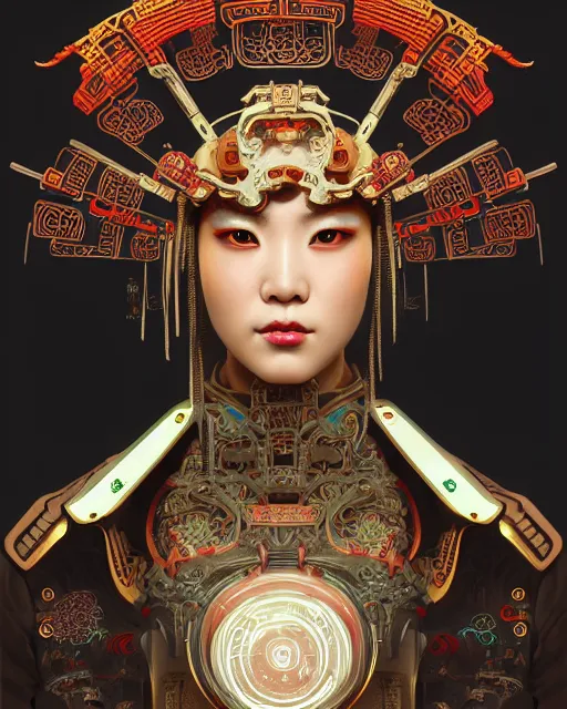 Image similar to portrait of a cyberpunk machine, machine face, upper half portrait, decorated with chinese opera motifs, asian, fine china, wuxia, traditional chinese art, intricate, elegant, highly detailed, symmetry, headpiece, digital painting, artstation concept art smooth sharp focus, illustration, art by artgerm and greg rutkowski alphonse mucha 8 k