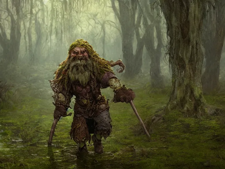 Image similar to Scared High Fantasy Dwarf Druid running through Haunted Swamp, RPG Portrait Reference, Oil Painting, Trending on Artstation, octane render, Insanely Detailed, 8k, HD