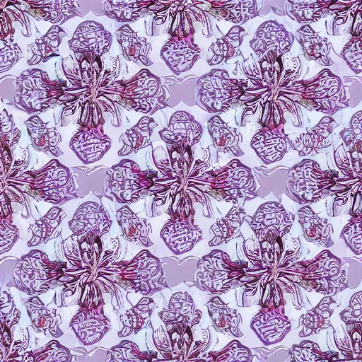 Prompt: detailed photorealistic flowers complex pattern witn traditional batik pattern, colors lilac, purple, light grey