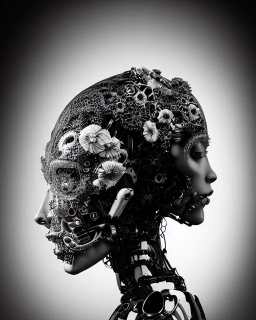 Prompt: black and white dreamy foggy profile face portrait, cyclope biomechanical beautiful young female cyborg - robot bust, body ribs meshes,, volumetric light, hibiscus flowers, by hg giger, rim light, by dora maar and cecile beaton, big gothic fashion pearl embroidered collar, 8 k