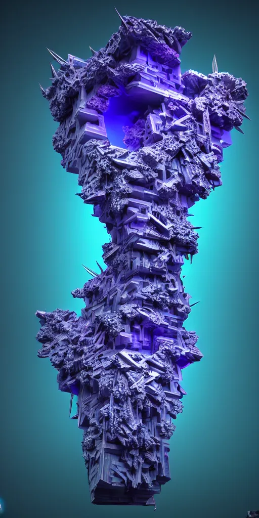 Prompt: 3 d photographic render of a deconstructed asymmetric mandelbulb sculpture, blue bioluminescent chrometype, made of liquid purple metal, neotribal with thorns and green thunders, cyberpunk pyramid, raytraced, hyper realistic, volumetric lightning, 8 k, by zhelong xu and michelangelo