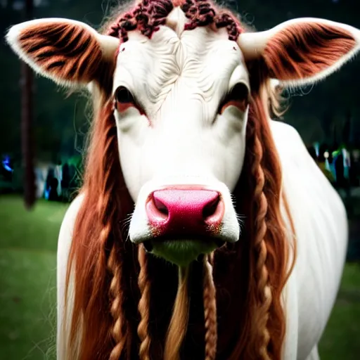 Prompt: real life photo of a beautiful Cow, full body photoshoot, long braided curly brown hair, twisted braids, brown watery eyes, full round face, short smile, short horns, serene field setting, cinematic lightning, medium shot, mid-shot, highly detailed, trending on artstation, Unreal Engine 4k, 80mm, 85mm, cinematic wallpaper