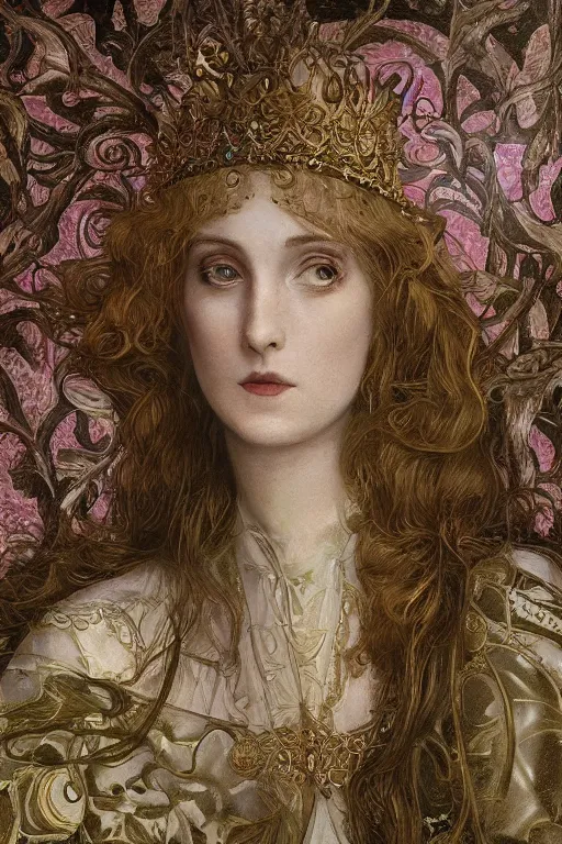 Image similar to elaborately hyperdetailed pre-raphaelite illustration of an extremely beautiful regal woman with an imponent crown, eerie mist and ethereal pink bubbles, surrealistic, Aetherpunk, film noir lighting, bright background, moonlight, high fantasy professionally painted digital art painting, smooth, sharp focus, highly detailed illustration highlights, backlight, golden ratio, 8K detail post-processing, symmetrical facial features, rich deep moody colors, award winning picture, trending on cgsociety and on ArtstationHQ, very coherent symmetrical artwork, poster art