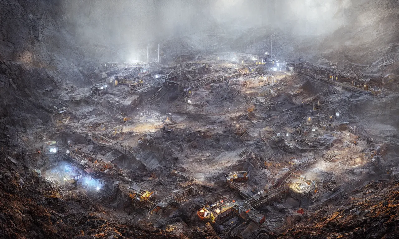 Image similar to Portrait of old mine worker mining core of ancient flying saucer, high detail, ground fog, wet reflective ground, volumetric lights, vivid colors, by Darek Zabrocki, render Unreal Engine