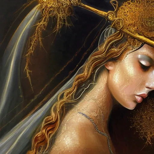 Image similar to beautiful gorgeous pristine italian Goddess of life with a veil, dark Goddess of artificial intelligence creating an artificial neural network with gold synapses on an anvil with her scythe, high resolution, award winning art, trending on art station, sharp image, incredibly detailed, detailed character, realistic painting, hyper-realistic painting, coherent painting, master piece by ramon y cajal