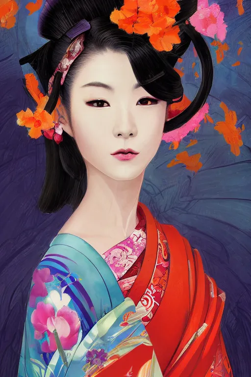 Image similar to a professional painting of a beautiful Japanese Geisha girl, in brightly colored kimono, long dark hair, beautiful bone structure, symmetrical facial features, intricate, elegant, digital painting, concept art, smooth, sharp focus, illustration, from StarCraft by Ruan Jia and Mandy Jurgens and Artgerm and William-Adolphe Bouguerea