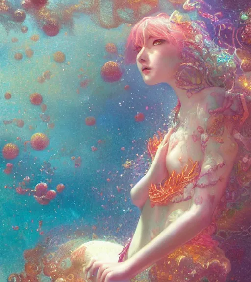 Prompt: harmony golden glimmering mermaid brown haired cute yoongi, under water swimming, colorful coral, muted colors, wlop, james jean, victo ngai, highly detailed, fantasy art by craig mullins, thomas kinkade