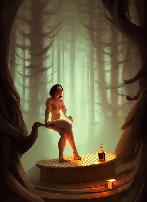 Image similar to christina ricci in finnish sauna, backround dark, highly detailed, digital illustration, trending in artstation, modern painting, smooth, sharp focus, intricate, by peter mohrbacher