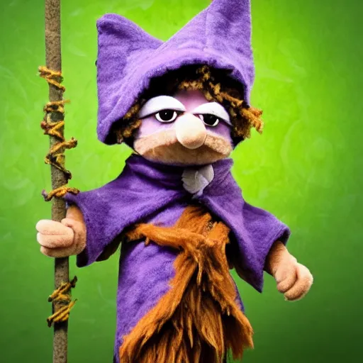 Prompt: foxfolk wizard druid as a fluffy chibi muppet plush wearing a wizard cloak and holding a staff made from a stick with an amethyst gemstone tied at the top, photorealistic, photography, national geographic, sesame street