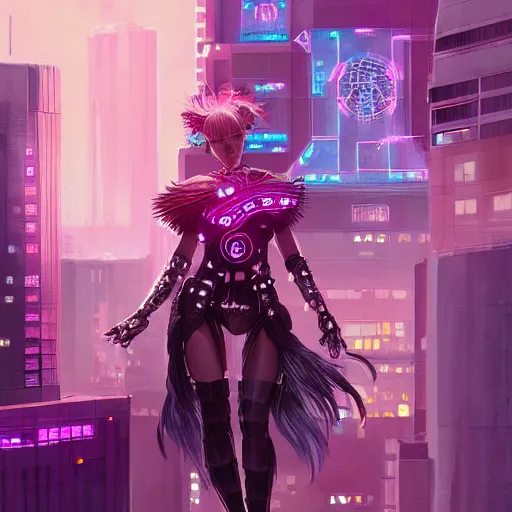 Image similar to portrait futuristic cyber warrior girl goddess, in future cyberpunk tokyo rooftop, ssci - fi, fantasy, intricate, very very beautiful, elegant, neon light, highly detailed, digital painting, artstation, concept art, smooth, 8 k, sharp focus, illustration, art by alphonse mucha and tian zi and wlop