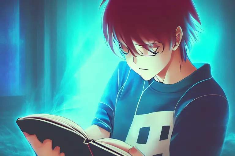 Image similar to an anime boy reading a book, misty, glows, digital art, hazy, foggy, ambient lighting, 8 k, neon, synthwave,