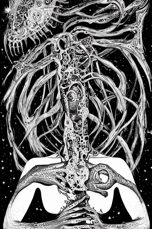 Prompt: black and white illustration, creative design, body horror, cosmic monster