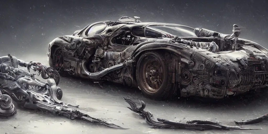 Image similar to full view of a car, intricate, elegant, highly detailed, digital painting, concept art, smooth, sharp focus, art style from Wang Ke and Greg Rutkowski and Bruce Kaiser and Scott Robertson and Dmitry Mazurkevich and Doruk Erdem and Jon Sibal, small style cue from Blade Runner and Total Recall and Cyberpunk 2077