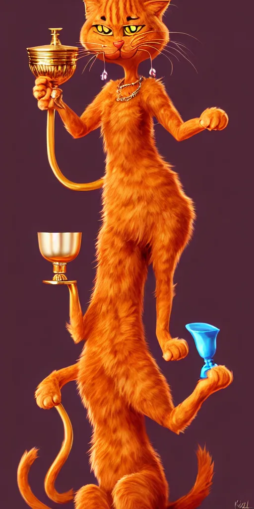 Image similar to fullbody!! personification of garfield the cat garfield goddess holding a blood chalice, detailed, stunning, garfield cat face, hyperrealistic, trending on artstation, smooth and sharp, intricate, highly detailed, elegant, professional character concept art by tatyana kupriyanova