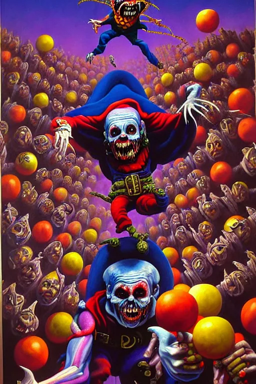 Prompt: a hyperrealistic painting of a epic boss fight against evil jester juggling knives, cinematic horror by chris cunningham, lisa frank, richard corben, highly detailed, vivid color,