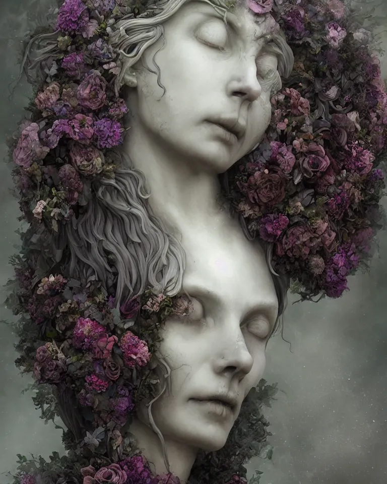 Image similar to a digital painting of the face of a gothic cemetery statue made of mist and flowers, cinematic lightning, Andrew Ferez, Charlie Bowater, Marco Mazzoni, Seb McKinnon, Ryohei Hase, Alberto Seveso, Kim Keever, trending on cgsociety, featured on zbrush central, new sculpture, mystical