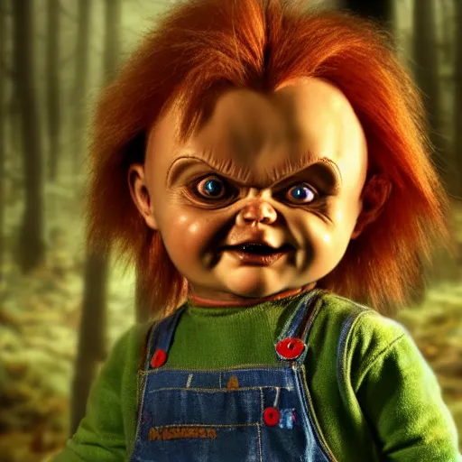 Prompt: chucky the doll in the woods foggy digital art 4 k detailed super realistic