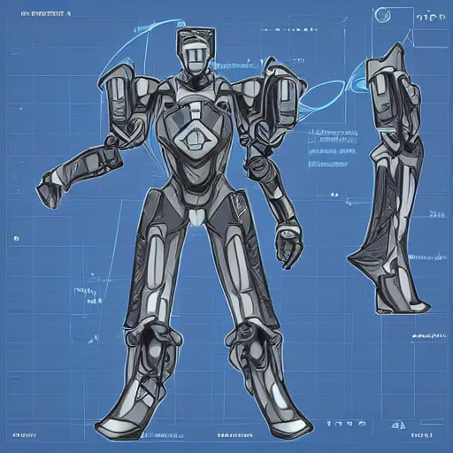 Prompt: T-posing image of a futuristic personal defense mech suit, technical drawing, blueprints, Digital art, detailed