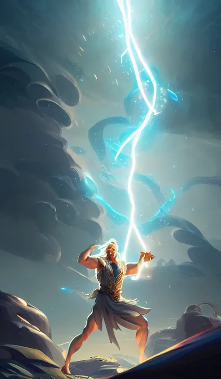 Prompt: the god zeus, lightning, action, epic, sharp focus, digital art, concept art, dynamic lighting, character design by anna dittman, and rossdraws, environment design by jessica rossier