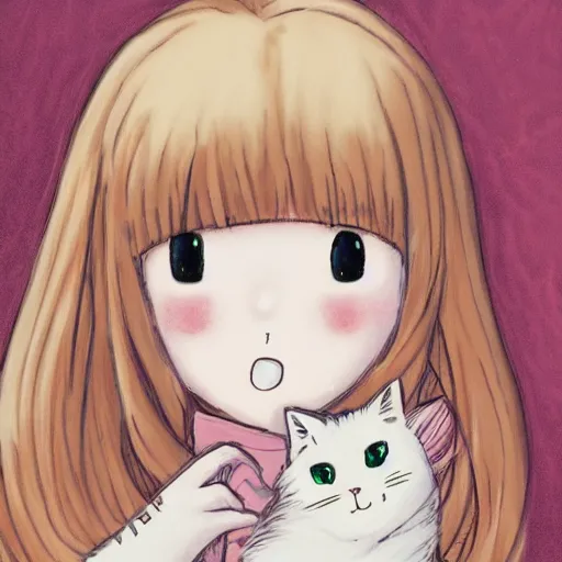 Image similar to a portrait of a young woman with very long pink hair undulating on the wind, light brown eyes, slightly chubby, pale skin, pretty, cute, holding a white cat. style manga with pastel colors. - h 6 4 0