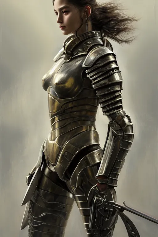 Image similar to a photorealistic painting of an attractive young girl, partially clothed in metal-plated battle armor, olive skin, long dark hair, beautiful bone structure, symmetrical face, perfect eyes, intricate, elegant, digital painting, concept art, illustration, sharp focus, minimal artifacts, from Metal Gear, in the style of Ruan Jia and Mandy Jurgens, by Greg Rutkowski, trending on Artstation, award winning