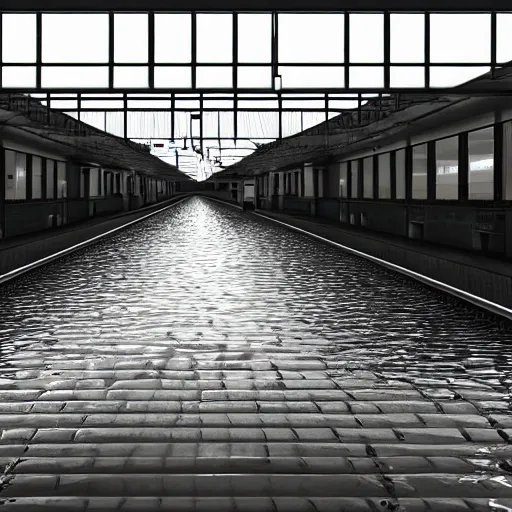 Prompt: photo of a train station, the floor is flooded with one meter deep water. eerie, volumetric lighting. highly - detailed 4 k