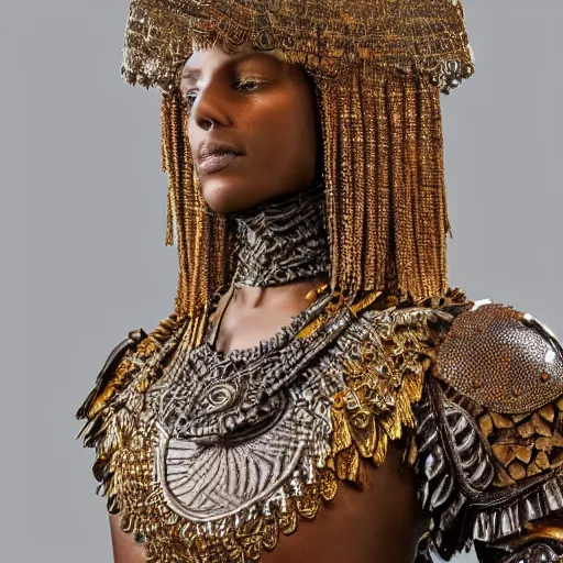 Image similar to portrait of a brown woman wearing an armor made of mother of pearl. sheen and shimmer. super intricate. photorealistic. award winning