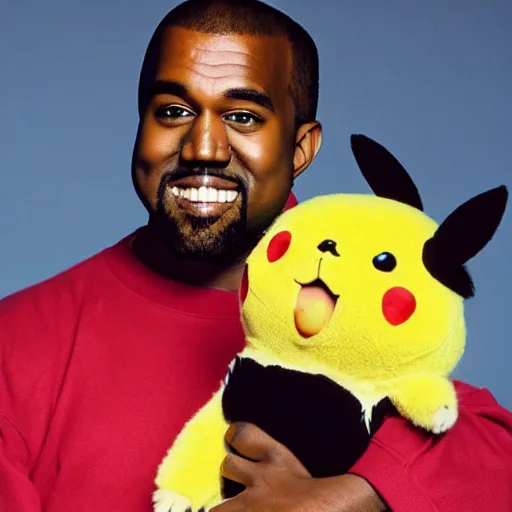 Image similar to kanye west smiling holding pikachu for a 1 9 9 0 s sitcom tv show, studio photograph, portrait c 1 2. 0