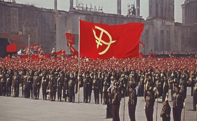 Image similar to 60s movie still of the great soviet's ceremony with CCCP flags and a large bronze statue of Karl Marx stanilist style palace backround, by Irving Penn , cinestill 800t 35mm eastmancolor, heavy grainy picture, very detailed, high quality, 4k, HD criterion, precise texture