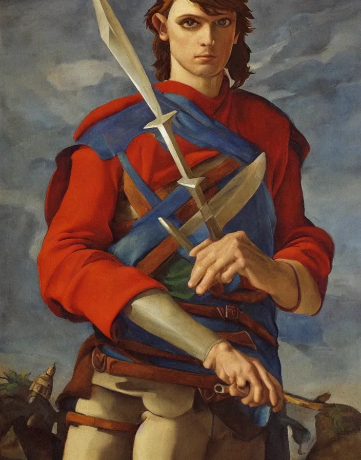 Prompt: oil painting half-length portrait of Link holding the mastersword by Michelangelo