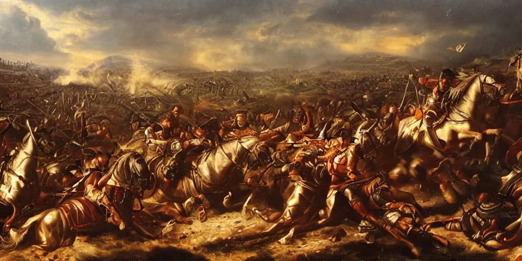 Image similar to Highly detailed and atmospheric Romantic-period oil painting of the battle of Pharsalus, dynamic lighting, 8K