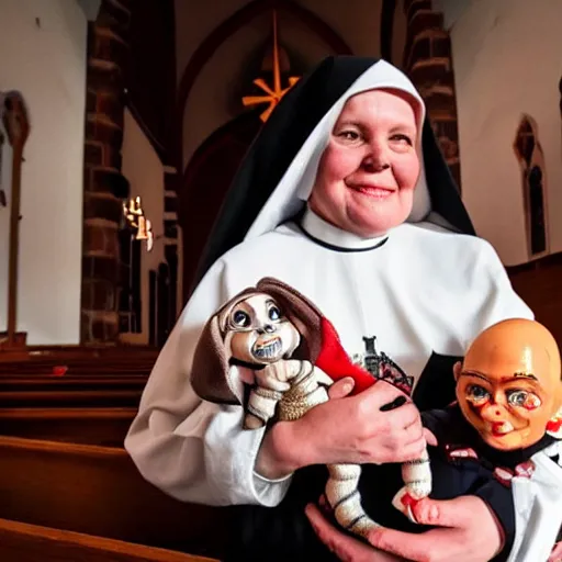 Image similar to a nun in church holding chucky the killer doll on her lap