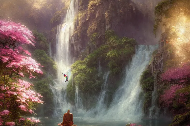 Prompt: a beautiful picture of waterfall in full bloom, palace, a monk meditate, by greg rutkowski and thomas kinkade, trending on artstation